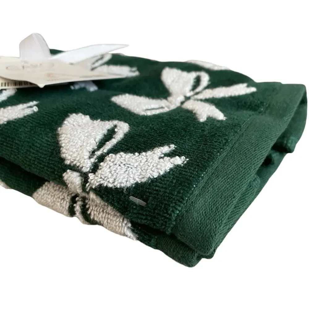 Caro Home CHRISTMAS BOW Hand Towels Set of 2 Green & White Holiday Decor